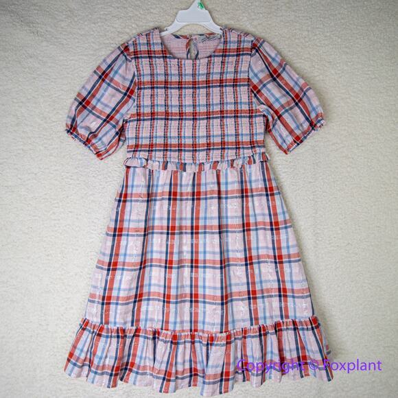 New! Vineyard Vines Girls Smocked puff sleeve Poplin Dress Ann plaid metallic, M - Picture 1 of 16
